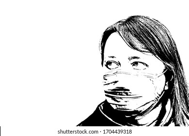 Portrait of a woman in a medical mask, looking away. Sad girl with long hair during quarantine. Black and white graphics isolated on a white background. Vector illustration