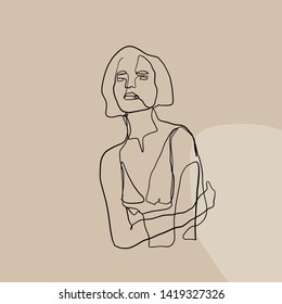 Portrait of woman in minimal trendy style. One line continuous drawing. Contemporary abstract design  for women's day card, poster, banner, textile print, social media concept, flyer. 