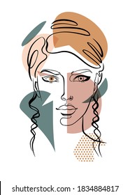 portrait of a woman, minimalist face art with continuous line strokes, geometric shapes - rectangle, circle, triangle, skintones with green color scheme, fashion illustration