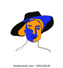 Portrait a woman in modern abstract style. Trendy modern design. Hand drawn female face with colorful elements in cubism style. Minimal design style for print, card, textures, social media. 