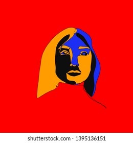 Portrait a woman in modern abstract style. Trendy modern design. Hand drawn female face with colorful elements in cubism style. Minimal design style for print, card, textures, social media. 