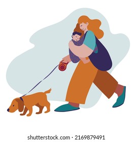 portrait of a woman, mother with a baby in a sling and a dog