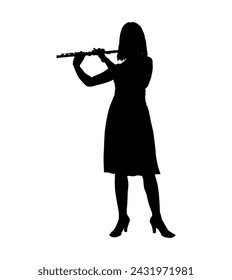 Portrait of woman musician playing flute black silhouette. Female flutist playing flute isolated over white background vector silhouette.	