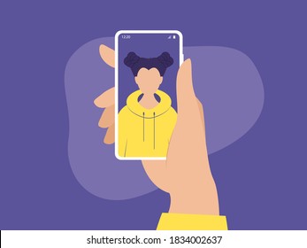 Portrait of a woman on a mobile phone screen, millennial lifestyle, gadgets, online video call. Vector illustration