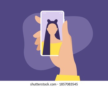 Portrait of a woman on a mobile phone screen, millennial lifestyle, gadgets, online video call. Vector illustration