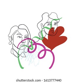 Portrait a woman one line portrait on creative texture with abstract brush strokes, freehand bright colors geometric elements, shapes. Artwork contemporary trendy 