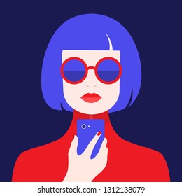 Portrait of a woman with a phone. Addiction on the smartphone and the Internet. Social networks. Vector Flat Illustration