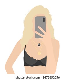 Portrait of a woman with a phone in underwear. A beautiful girl with white hair. A smartphone and the Internet addiction, Social networks. Vector Flat Illustration