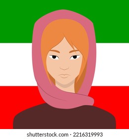 Portrait of a woman. Pink Hijab. Iranian flag. Redhead woman.	