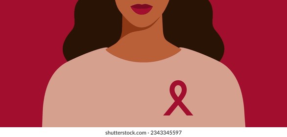 Portrait of Woman with pink ribbon as Breast cancer awareness symbol. Poster of support and solidarity with females fighting oncological disease. Vector illustration