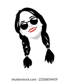 portrait of a woman with a ponytail hairstyle and wearing glasses. smile. vector design. silhouette. isolated white background.