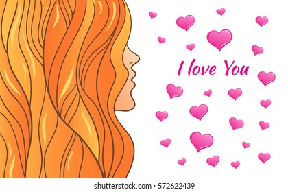 Portrait of a woman in profile with hearts. Vector illustration greeting Valentines Day card on white background. Ideal for greeting design, banners, flyers and posters.