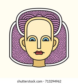 Portrait of a woman with purple hair. Face front view. Elegant avatar stylish geometric white background. Festival memphis vectorial flat style