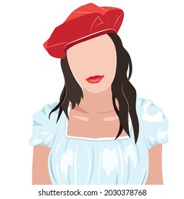 Portrait of woman in red beret, French look, outfit. Trendy modern illustration for avatar, profile picture, fashion design, catalogue, advertising. 