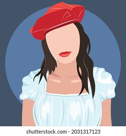 Portrait of woman in red beret, French look, outfit. Trendy modern illustration for avatar, profile picture, fashion design, catalogue, advertising. 