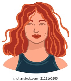 Portrait of woman with red curly hair, isolated photography or avatar of female character. Social media or documents pic, ginger model posing with serious face and fashionable clothes. Vector in flat