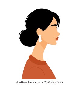 portrait of woman in red sweater with pearl earring, female from side profile, flat style vector illustration