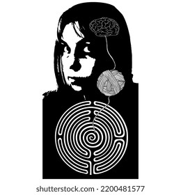 Portrait Of A Woman With A Round Spiral Maze Or Labyrinth Symbol Inside And A Yarn Ball Linking It To Her Brain. Ariadne's Thread. Creative Psychological Concept. Black And White Silhouette.