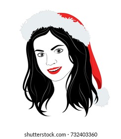 Portrait of woman in Santa's cap. Merry Christmas and Happy New Year!
