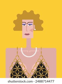 Portrait of a woman with short blond curly hair and a pearl earring and necklace and in a gold mesh dress. Retro style 1920, Art Deco style