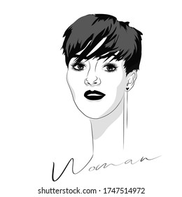 Portrait of a woman with short cut. Black and white. Vector illustration