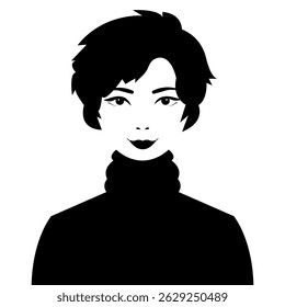 A portrait of a woman with short hair. A silhouette of a woman in black and white. A profile picture of a beautiful woman. A female avatar portrait. 