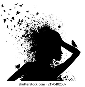 Portrait of woman, Silhouette of a girl from blots with birds. Vector illustration