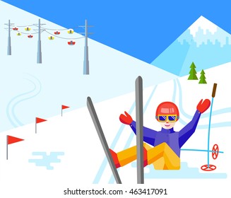 Portrait of a woman skier having fun in the snow. Flat vector Cheerful female sitting and resting at the foot of the mountain. Skier relax during skiing.