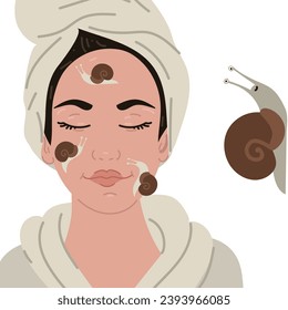 Portrait of a woman with snails on her face. SPA treatments with snail facial massage. The snail smiles. The procedure in the beauty salon. Moisturizing the face. Isolated vector illustration. Mucin - Shutterstock ID 2393966085