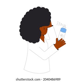 Portrait of woman spray her dark curly hair. Young lady touching her hair with her hands and refreshing their. Vector illustration