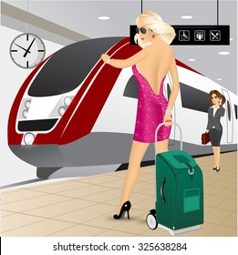 portrait of woman standing with a trolley suitcase checking the time on the platform at the train station against a high speed train 
