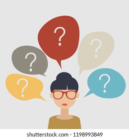 Portrait of woman standing under question marks. Having many thoughts or questions. Thinking about future. FAQ concept. Life change. Vector isolated illustration. 