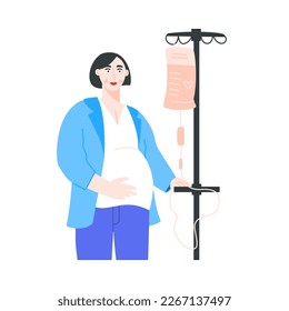 Portrait of woman standing with vitamin drip on a white background. Pregnant female patient with the IV dropper during treatment at clinic. Vector flat illustration