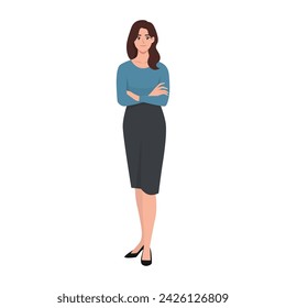 Portrait of a woman stands full length with arms crossed. Wearing casual outfit. Flat vector illustration isolated on white background