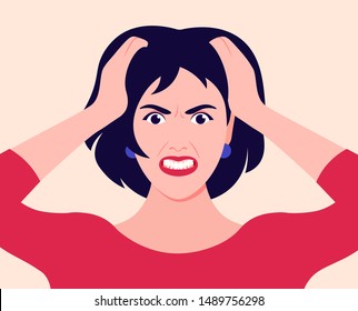 Portrait of a woman in stress. The girl holds her head in her hands and screams. Pain. Anger and despair. Vector flat illustration