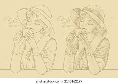 Portrait of a woman in the style of 1920s sipping a cup of hot coffee in afternoon tea time