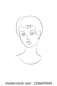 A Portrait Of A Woman In The Style Of Line Art. Beautiful Girl With Short Hair. Cartoon Woman