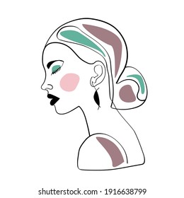 Portrait of a woman in the style of a linear sketch with accent spotsisolated on a white background. Can be used as a background, logo, avatar, for printing on clothes, T-shirts,cosmetics,  herb