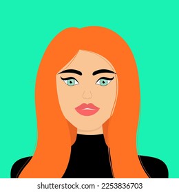 Portrait of woman. Stylish hairstyle. Long red hair. Young girl face. Beautiful lady, female. Front view. Avatar for social networks. Pink lipstick makeup. Flat design. Green background. Vector