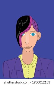 Portrait of a woman with a stylish hairstyle in a suit, made with line and spots in vector