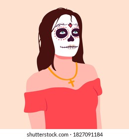 Portrait of a woman with Sugar skull makeup. Dia de los muertos. Day of The Dead. Colorful vector illustration in flat cartoon style.