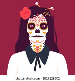 Portrait of a woman with Sugar skull makeup. Dia de los muertos. Day of The Dead. Colorful vector illustration in flat cartoon style.