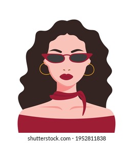 Portrait of a woman in sun glasses. Isolated. Social media avatar. Vector flat illustration in rero colors.