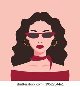 Portrait of a woman in sun glasses. Social media avatar. Vector flat illustration in rero colors.