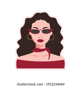 Portrait of a woman in sun glasses. Sticker. Social media avatar. Vector flat illustration in rero colors.