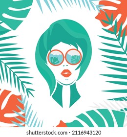 Portrait of a woman in sunglasses. In the background, the leaves of tropical plants. The concept of summer vacation, vacation at sea. Color vector drawing on a white background. Flat style