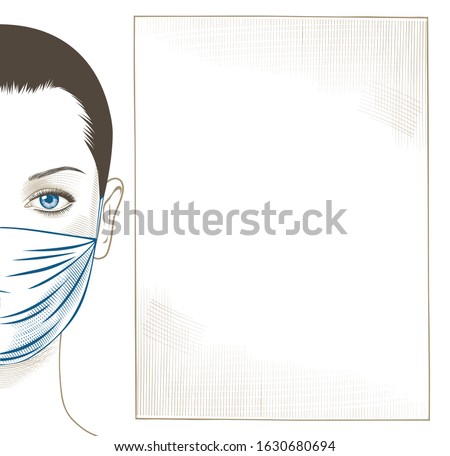 Portrait of a woman with a surgical mask on her face and a paper sheet. The old engraving is stylized as a drawing. Vector illustration Stock photo © 