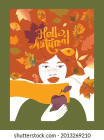 A portrait of a woman surrounded by falling autumn leaves, as a metaphor for the beauty of autumn.Drawing for a card, poster, banner, background