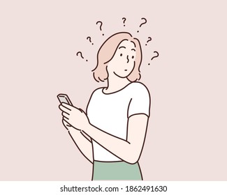 Portrait of woman thinking holding phone. Hand drawn style vector design illustrations.