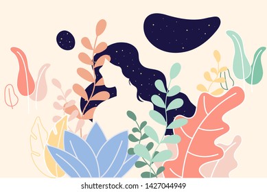 Portrait of a woman and tree backgroun the night, brighter stars. Vector illustration in flat cartoon style. The head of a girl. Minimalist. 